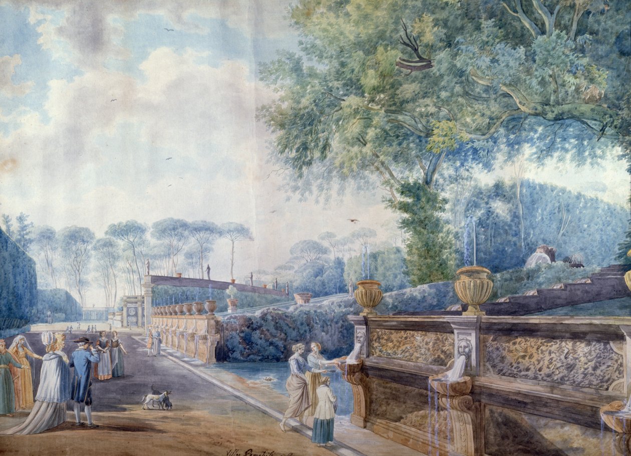 Ogrody Palazzo Doria Pamphilj, Rzym (pióro, atrament i akwarela) autorstwa Abraham L. Rudolph (attr. to) Ducros