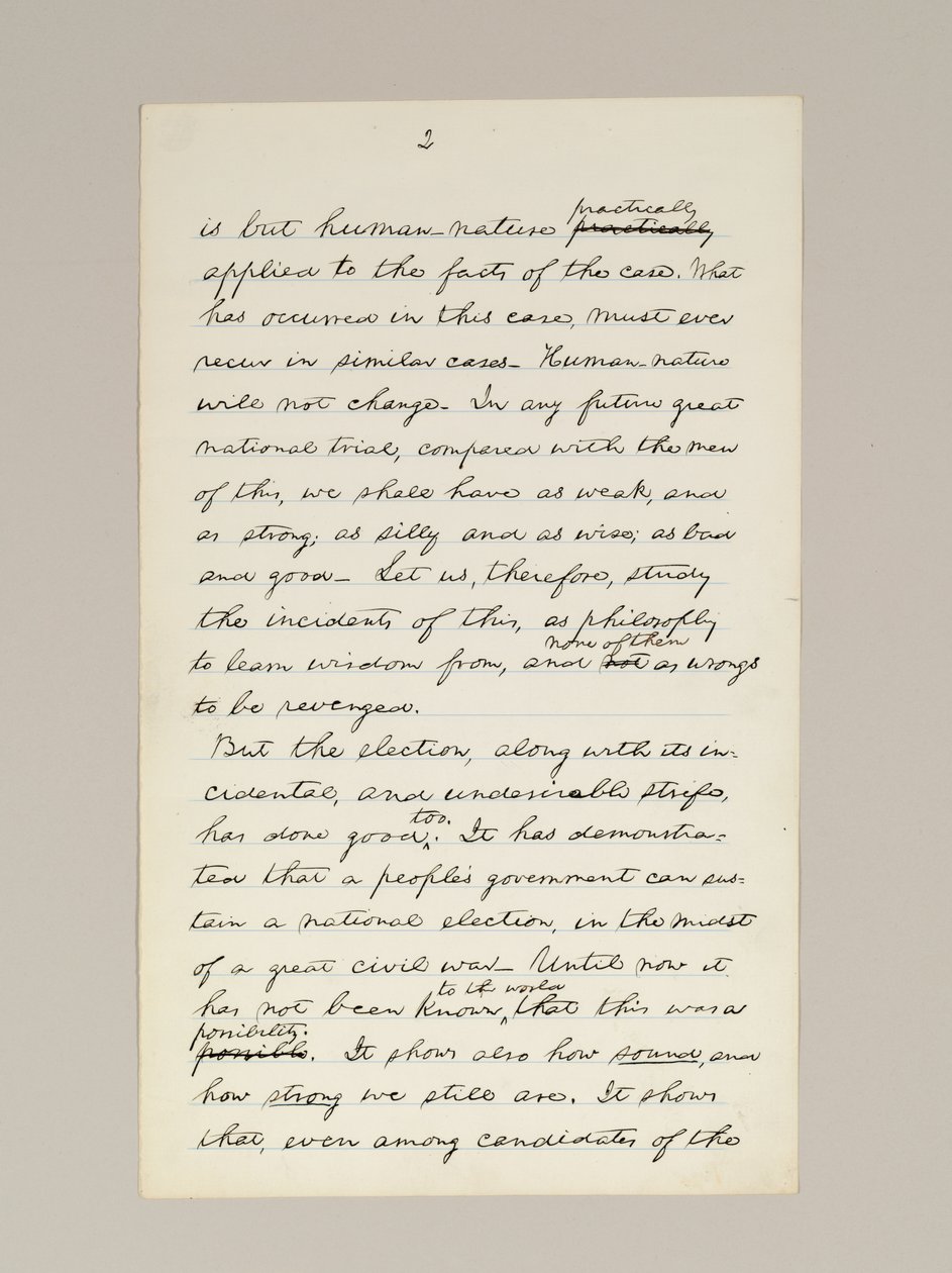 Autograf rękopisu przemówienia Lincolna o zwycięstwie w wyborach jako prezydenta, wygłoszony w Waszyngtonie, z okna Białego Domu wieczorem 10 listopada autorstwa Abraham Lincoln