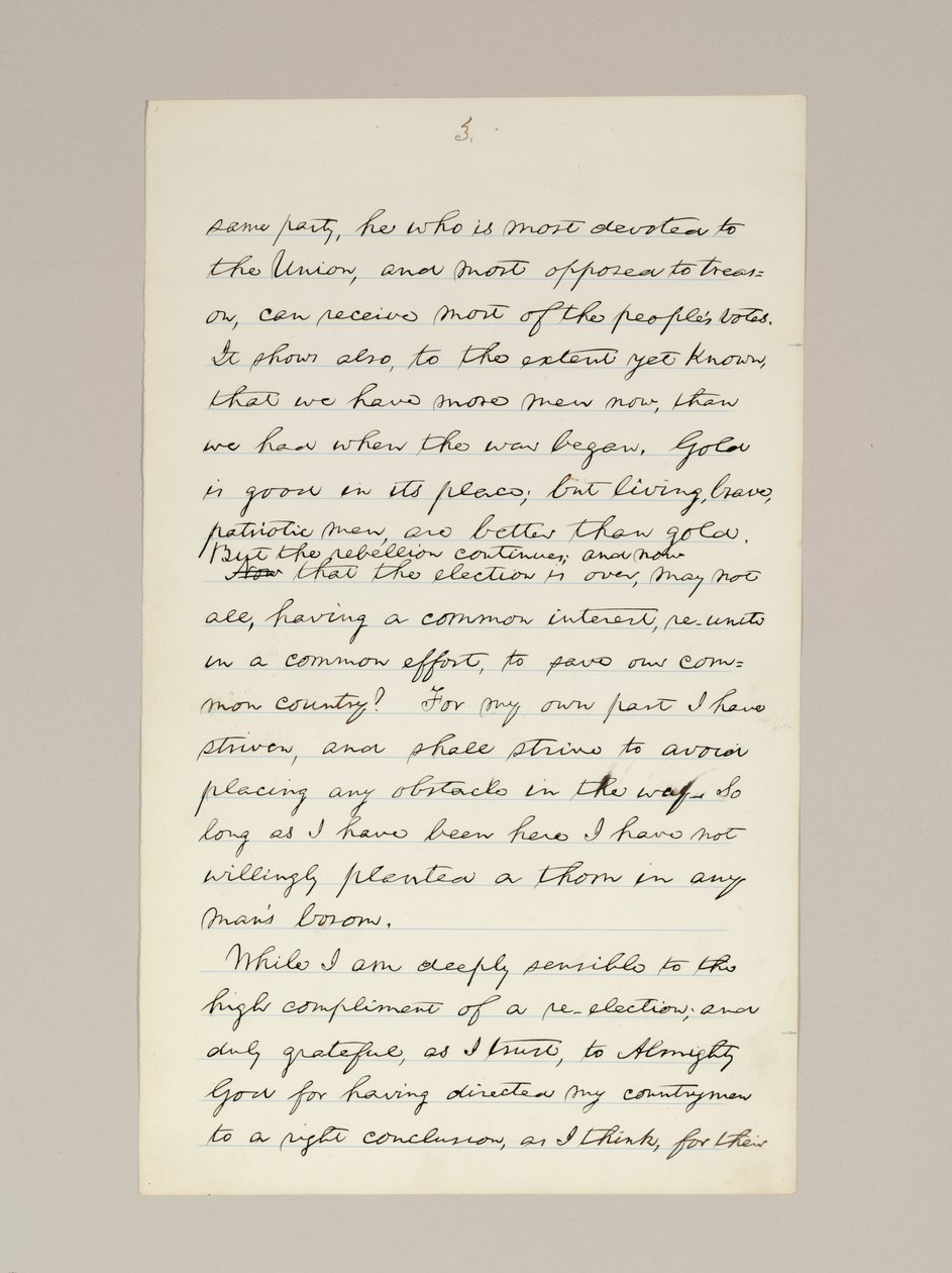 Autograf rękopisu przemówienia Lincolna o zwycięstwie w wyborach jako prezydenta, wygłoszony w Waszyngtonie, z okna Białego Domu wieczorem 10 listopada autorstwa Abraham Lincoln