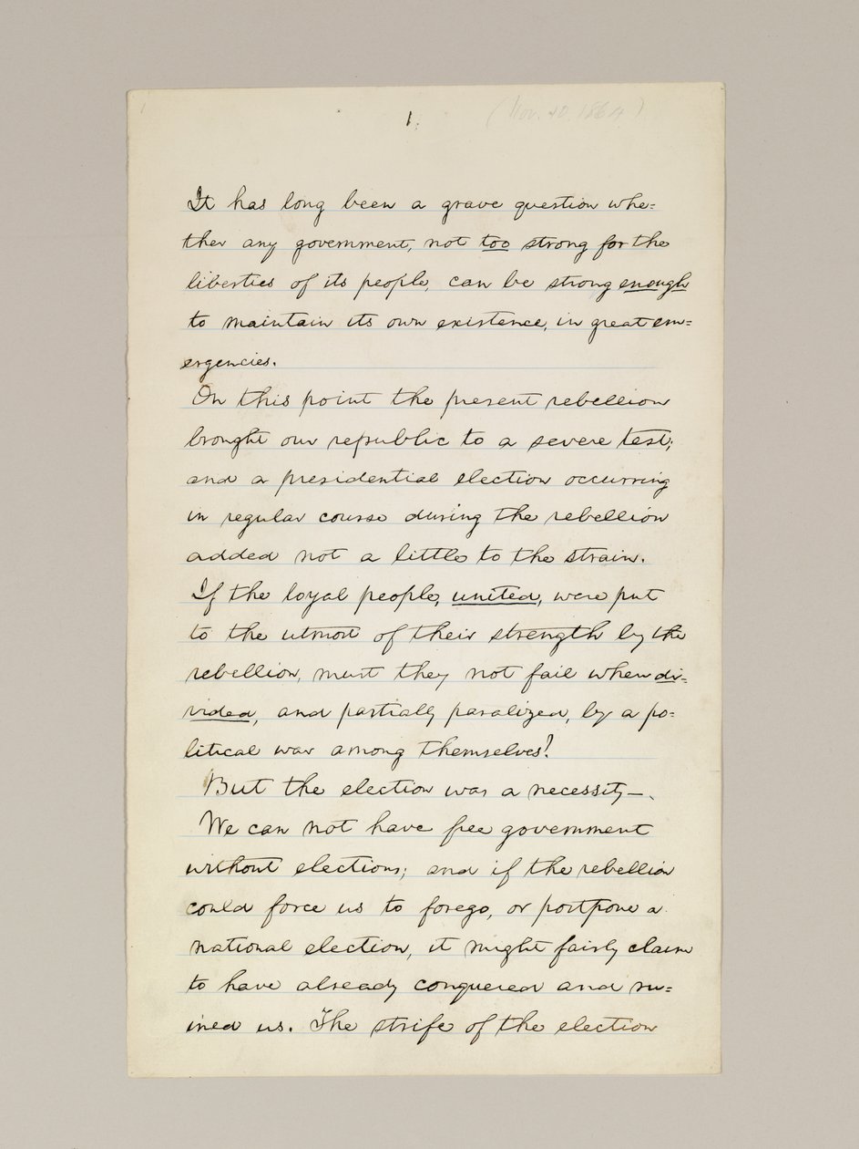 Autograf rękopisu przemówienia Lincolna o zwycięstwie w wyborach jako prezydenta, wygłoszony w Waszyngtonie, z okna Białego Domu wieczorem 10 listopada autorstwa Abraham Lincoln