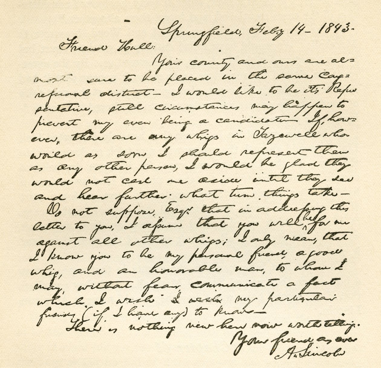 List Abrahama Lincolna do Alden Hall z dnia 14 lutego 1843 r. autorstwa Abraham Lincoln