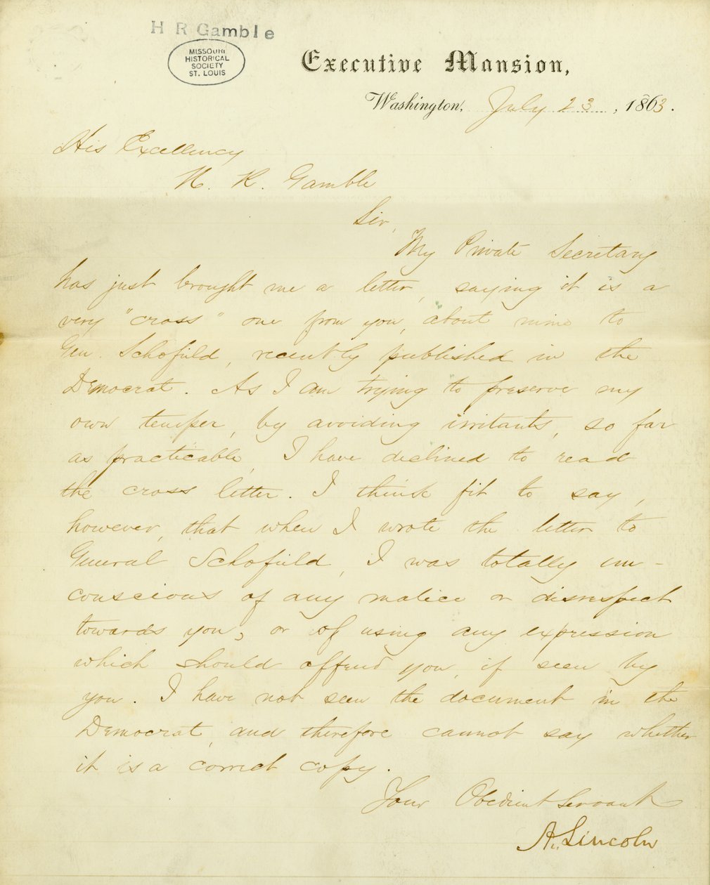 List podpisany A. Lincoln, Executive Mansion, Washington, do Jego Ekscelencji, H.R. Gamble, 23 lipca 1863 autorstwa Abraham Lincoln