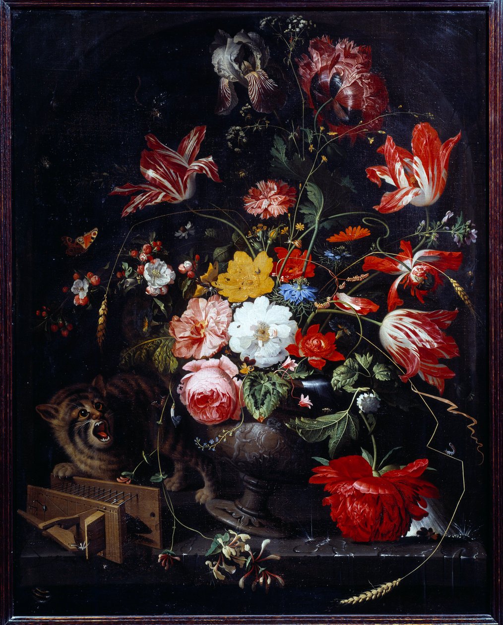 Kot przewracając wazon z kwiatami. Obraz Abrahama Mignona (1640-1679) ek. wszystko autorstwa Abraham Mignon
