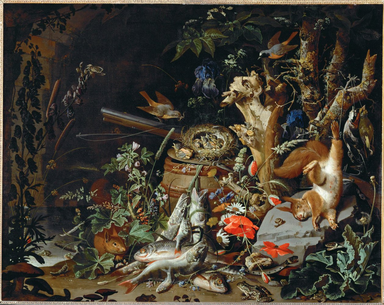 Le nid de pinsons - ryby, gady i martwa wiewiórka wśród roślin i drzew ... autorstwa Abraham Mignon