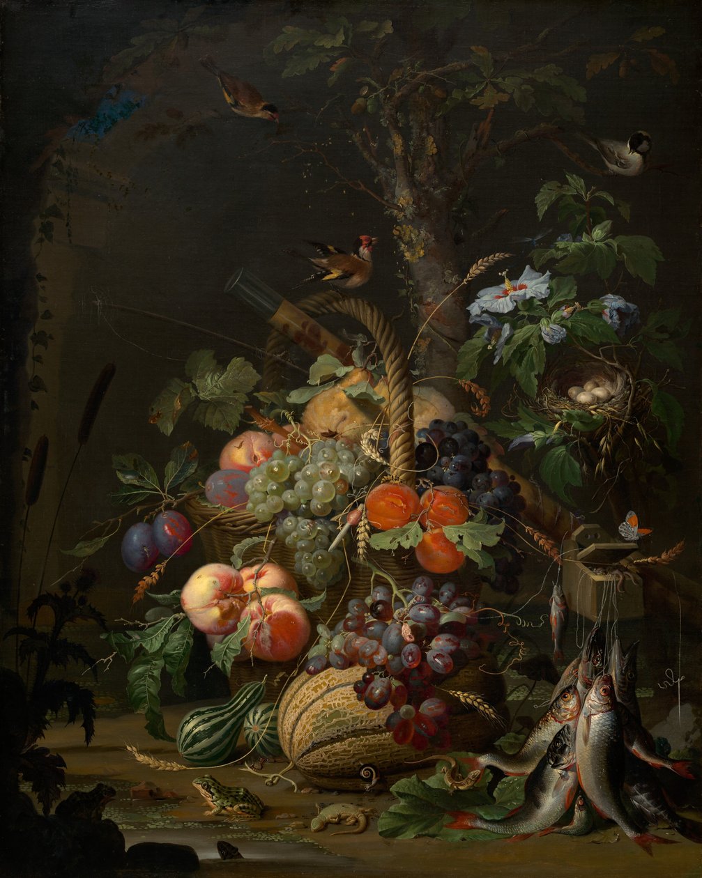 Martwa natura z owocami, rybami i gniazdem autorstwa Abraham Mignon