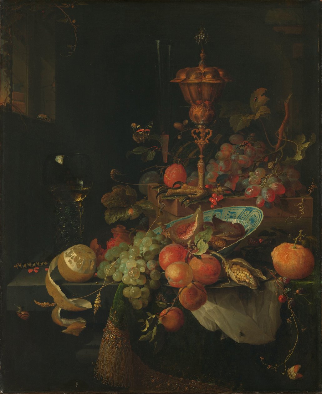 Martwa natura z owocami i zlewką na łapce koguta autorstwa Abraham Mignon