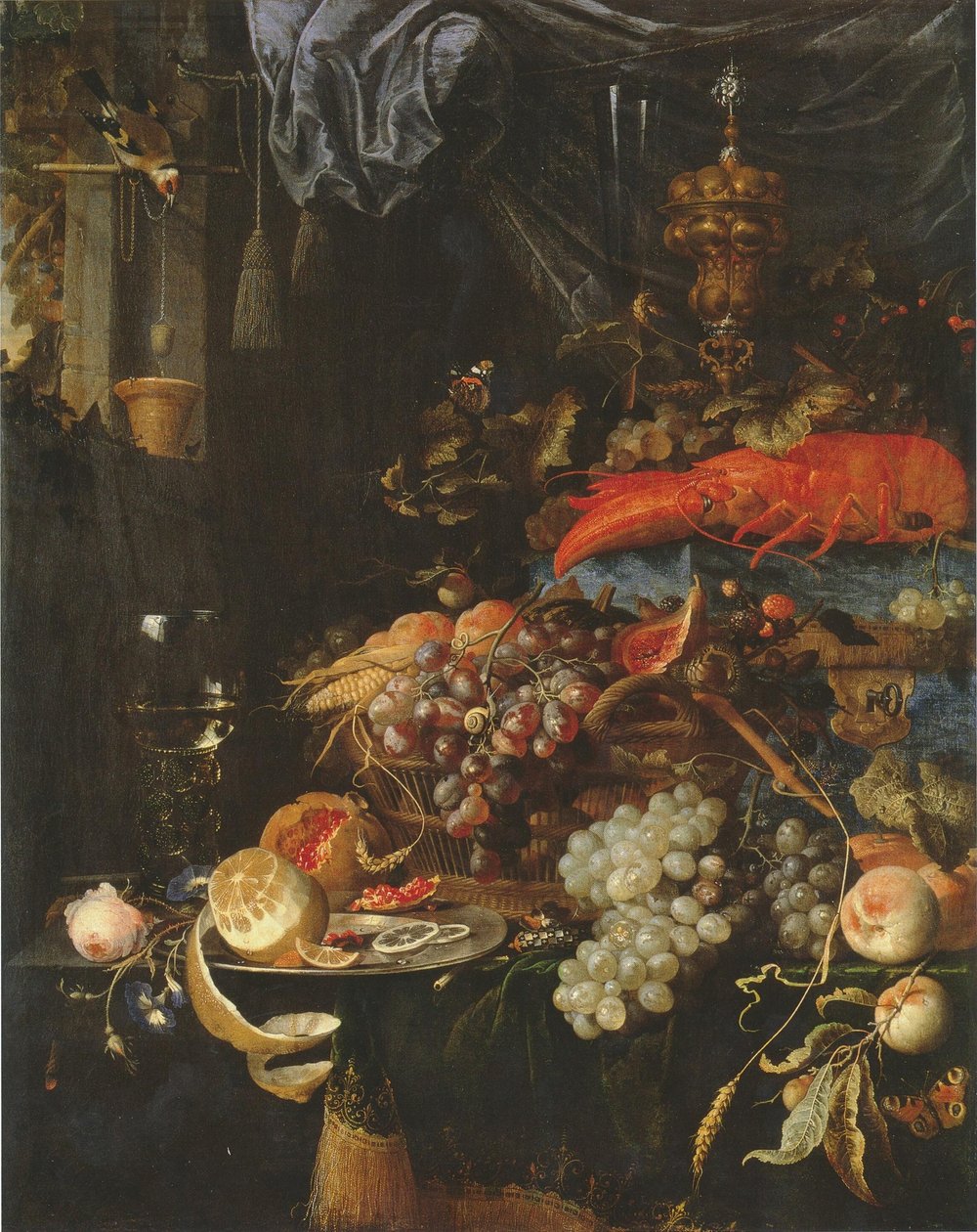 Martwa natura z owocami, homarem i szczygłem autorstwa Abraham Mignon