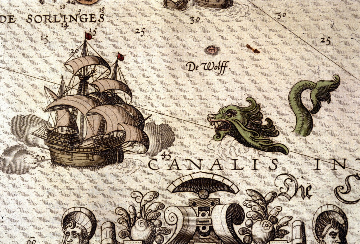 Morski potwór atakujący galeon (karawela). Fragment mapy w „Theatrum Orbis Terrarum” Abrahama Orteliusa, Antwerpia 1584 autorstwa Abraham Ortelius