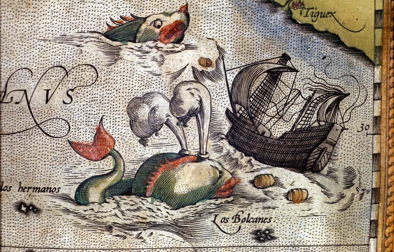 Wieloryb atakuje statek. Płyta z edycji „Theatrum Orbis Terrarum” kartografa Abrahama Orteliusa (1527-1598) autorstwa Abraham Ortelius