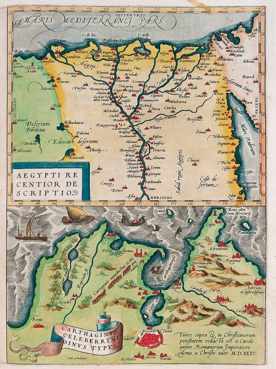 Nowszy opis Egiptu. - Typ zatoki Kartaginy Mapa geograficzna Egiptu z miastami Nilu i Kartaginy (Tunezja) z „Theatrum Orbis Terrarum” Abrahama Orteliusa (Oertel, Ortell lub Ortel autorstwa Abraham Ortelius