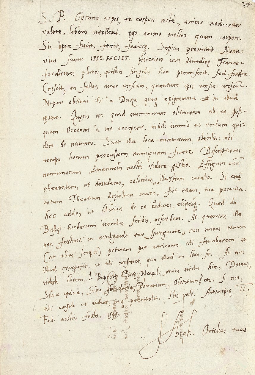 List z autografem podpisany do swojego siostrzeńca, Jacoba Cool (Jacobus Colius), Antwerpia, 2 lutego 1595 (pióro i atrament na papierze) autorstwa Abraham Ortelius