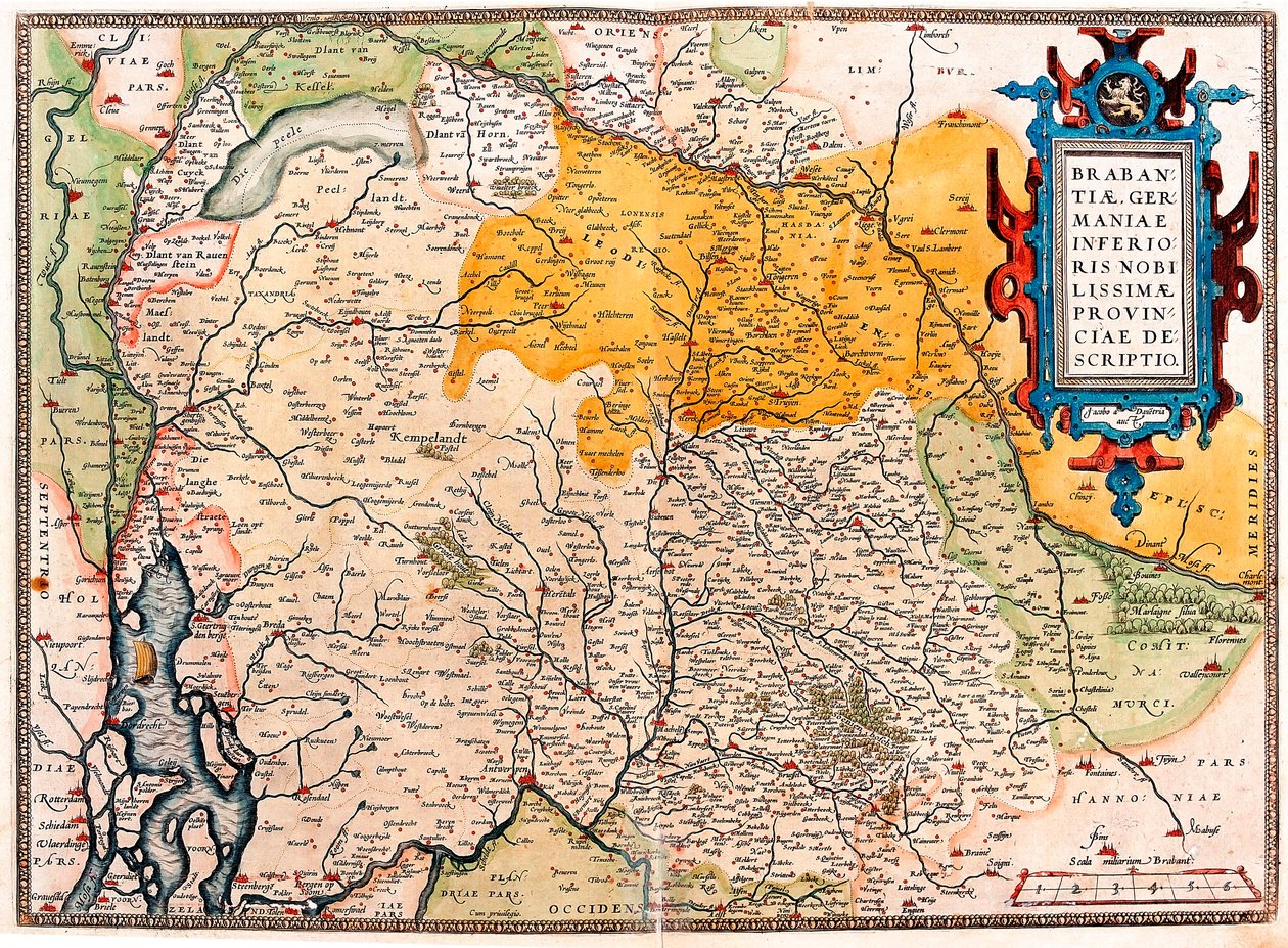Mapa geograficzna terytorium na południe od Holandii Germanic (Kempeland) zaczerpnięta z „Theatrum Orbis Terrarum” przez Abrahama Orteliusa (Oertel, Ortell lub Ortel autorstwa Abraham Ortelius