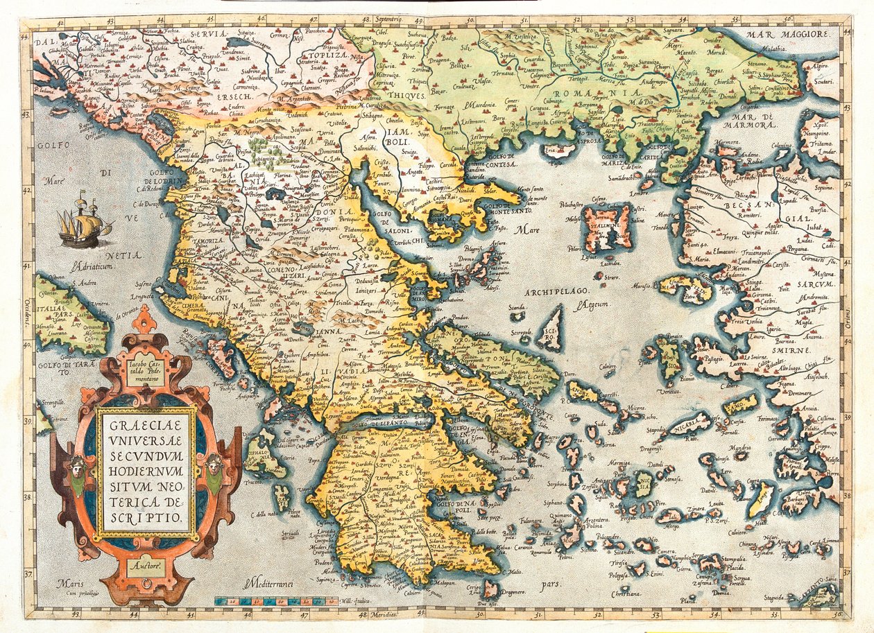 Chorwacja (okręg: Dubrownik-Neretwa), południowa Bośnia i Hercegowina, południowa Serbia, południowa Bułgaria, Czarnogóra, Albania, Macedonia, Grecja, zachodnia Turcja autorstwa Abraham Ortelius