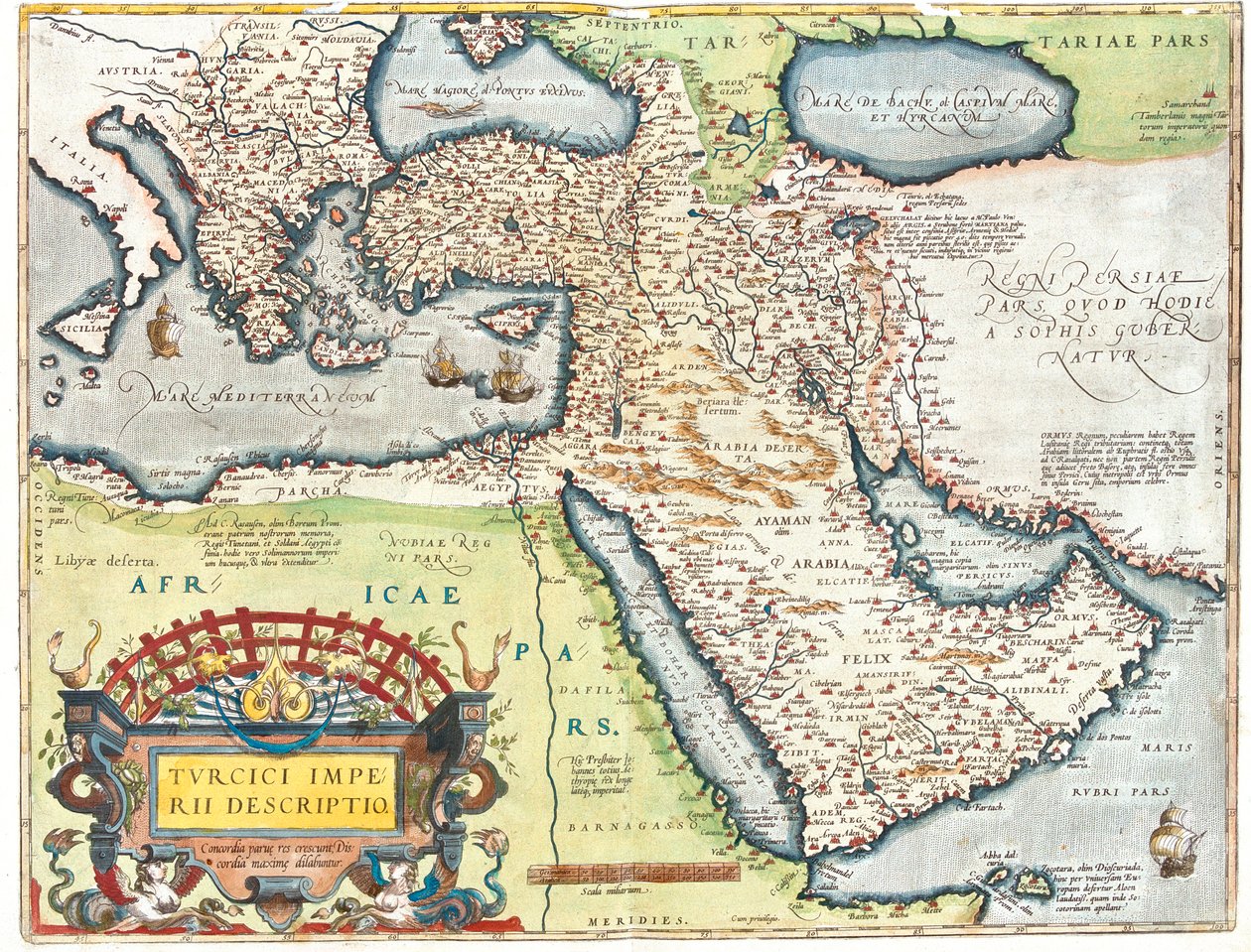 Chorwacja, Rumunia, Bośnia i Hercegowina, Serbia, Bułgaria, Czarnogóra, Kosowo, Albania, Macedonia, Grecja, Turcja, południowa Rosja, Gruzja, Azerbejdżan, Armenia, Iran, Irak, Syria, Liban, Izrael, Jordania, Arabia Saudyjska, Kuwejt, Katar, Bahrajn, Zjedno autorstwa Abraham Ortelius