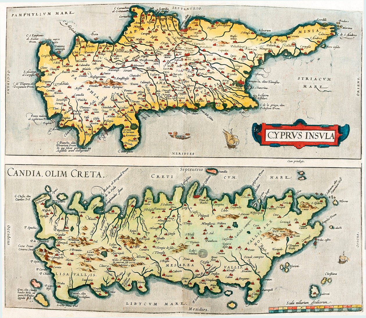 Wyspa Cypr - Candia, dawniej Kreta Mapa geograficzna śródziemnomorskich wysp Cypru i Krety w Grecji z "Theatrum Orbis Terrarum" Abrahama Orteliusa (Oertel, Ortell lub Ortel autorstwa Abraham Ortelius