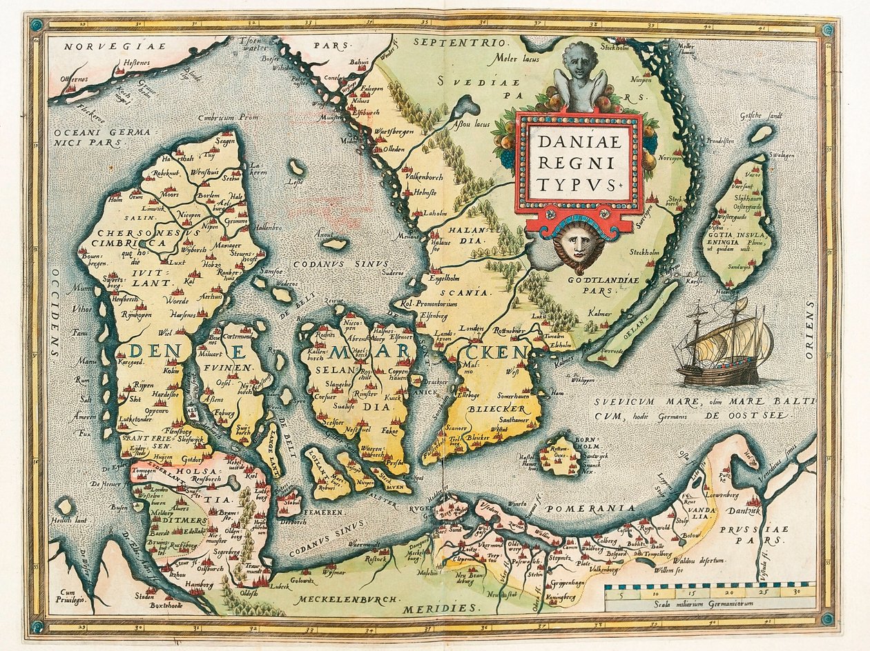 Królestwo Danii Typ Geografia mapa terytorium Danii i południowej Szwecji z „Theatrum Orbis Terrarum” autorstwa Abrahama Orteliusa (Oertel, Ortell lub Ortel autorstwa Abraham Ortelius