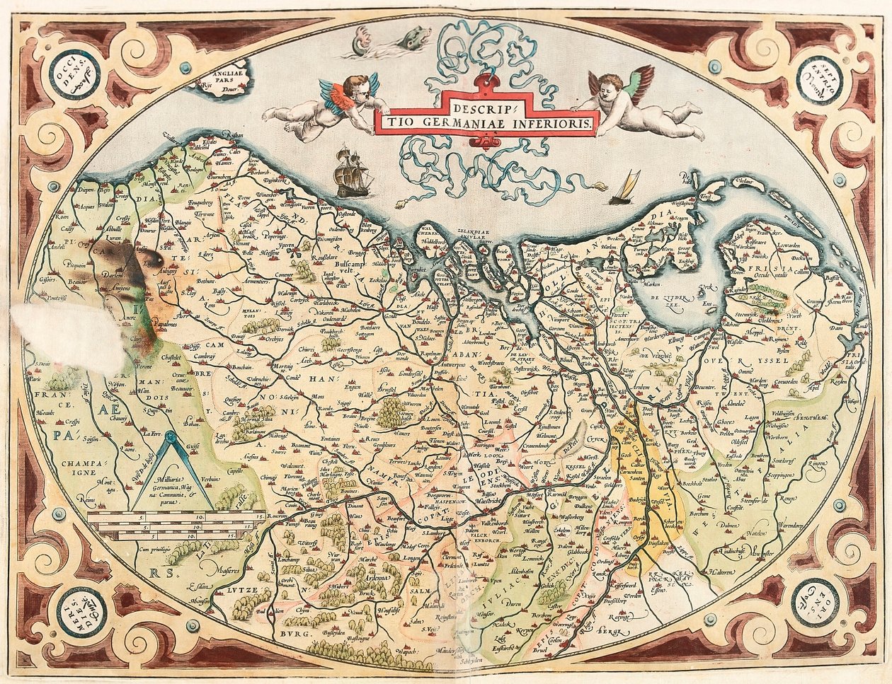 Opis mapy geograficznej Dolnych Niemiec terytorium Holandii Germański z „Theatrum Orbis Terrarum” autorstwa Abrahama Orteliusa (Oertel, Ortell lub Ortel autorstwa Abraham Ortelius