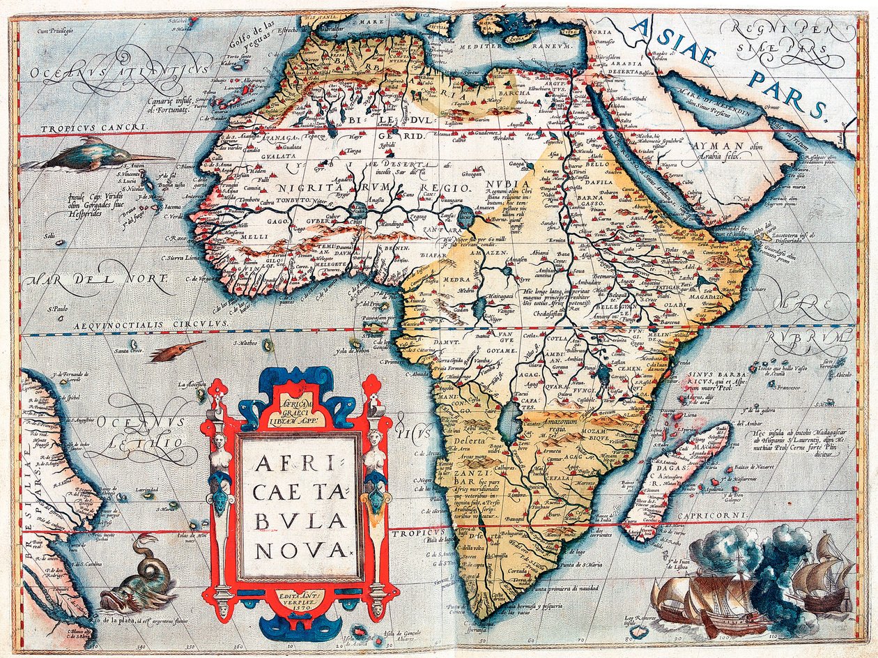 Opis kontynentu afrykańskiego. Mapa geograficzna z "Theatrum Orbis Terrarum" Abrahama Orteliusa (1527-1598) autorstwa Abraham Ortelius