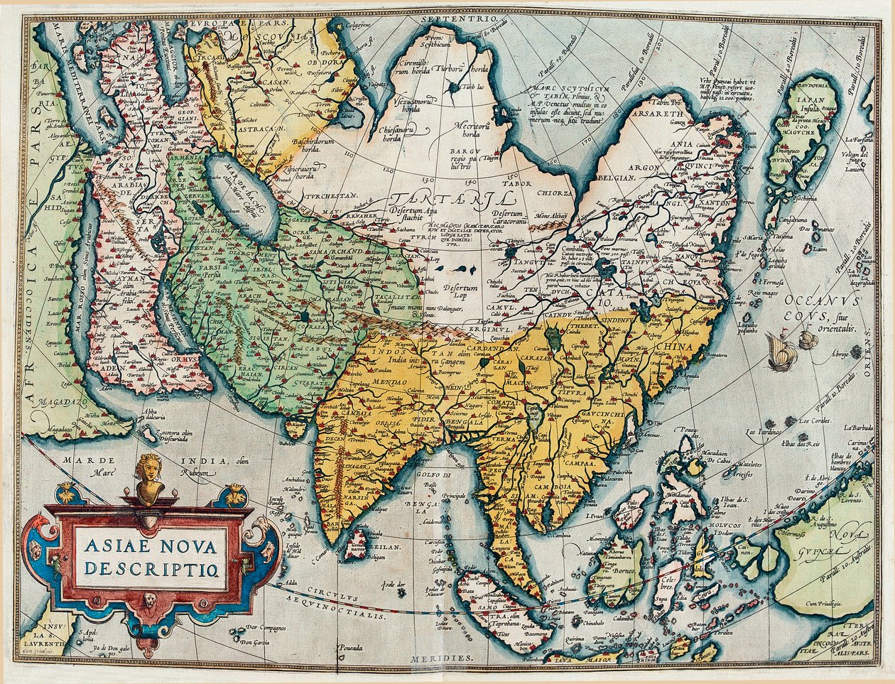 Opis kontynentu azjatyckiego, mapa geograficzna z „Teatru Świata” autorstwa Abraham Ortelius