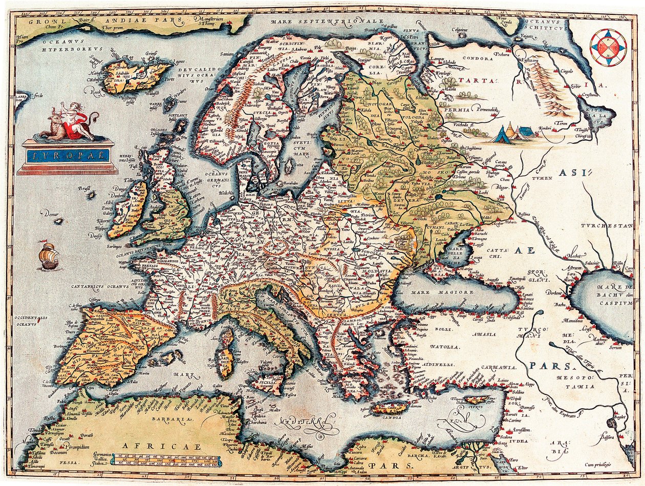 Opis kontynentu europejskiego. Mapa geograficzna z „Theatrum Orbis Terrarum” Abrahama Orteliusa autorstwa Abraham Ortelius
