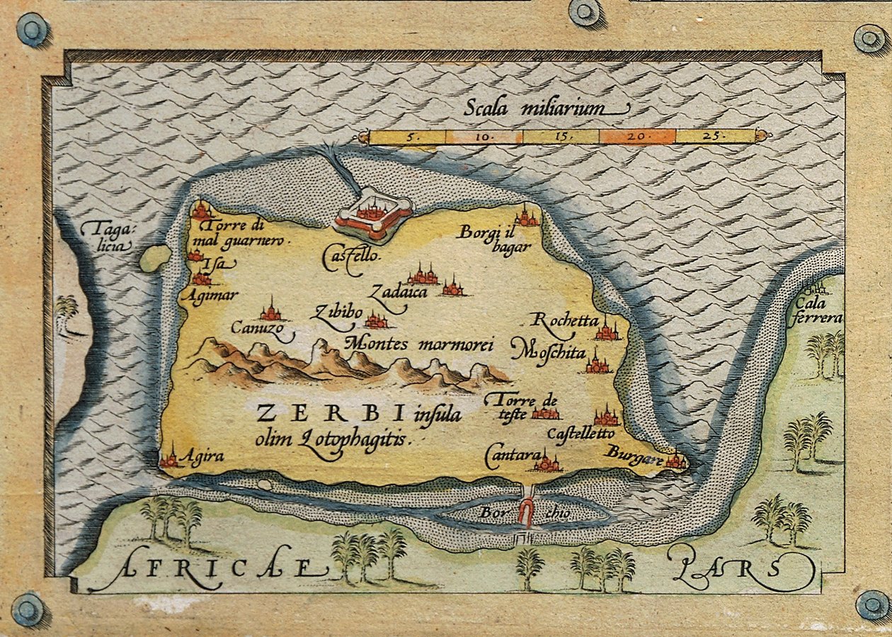 Szczegół Zerbi z mapy wysp Morza Śródziemnego autorstwa Abraham Ortelius