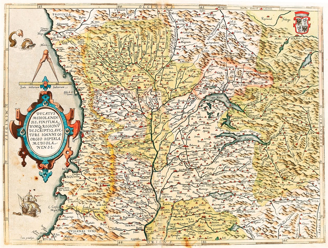 Ducatus Mediolanensis, Granice i Regiony Świata Mapa geografii księcia Mediolanu z „Theatrum Orbis Terrarum” Abrahama Orteliusa (Oertel, Ortell lub Ortel autorstwa Abraham Ortelius