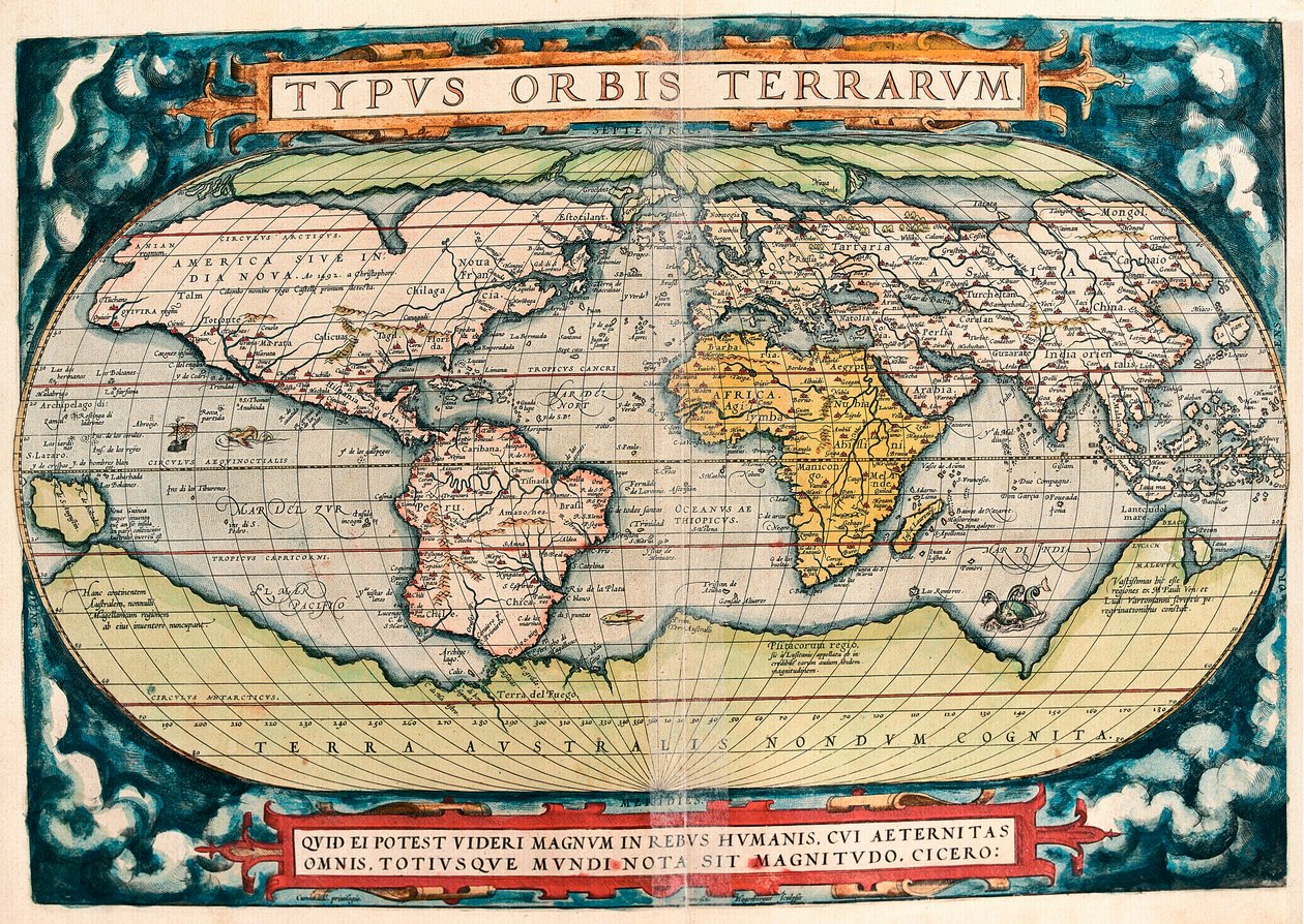 Mapa Ziemi (Mapa Świata) Mapa geograficzna z „Theatrum Orbis Terrarum” autorstwa Abrahama Orteliusa (1527-1598) autorstwa Abraham Ortelius
