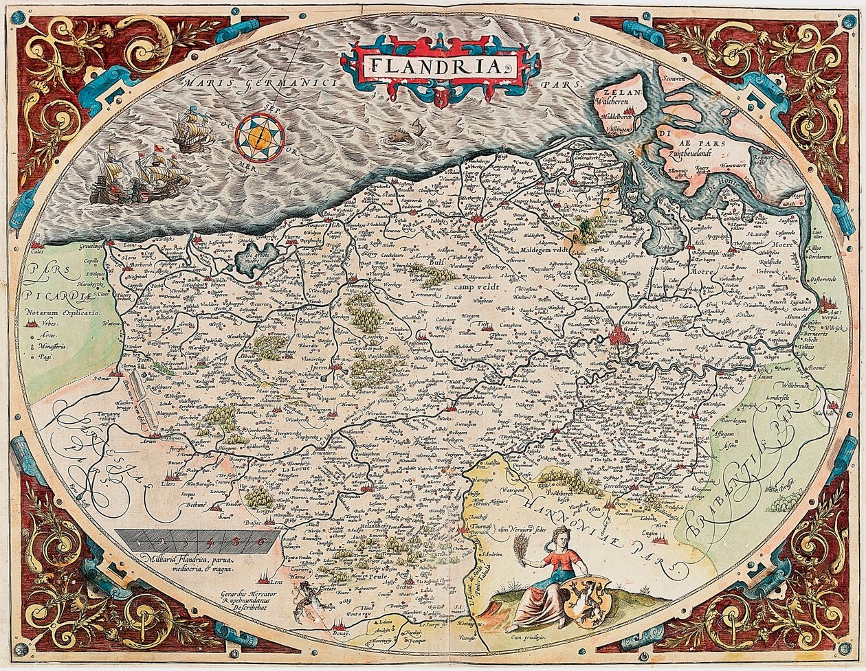 Flandria Mapa geograficzna terytorium Flandrii z „Theatrum Orbis Terrarum” Abrahama Orteliusa (Oertel, Ortell lub Ortel autorstwa Abraham Ortelius
