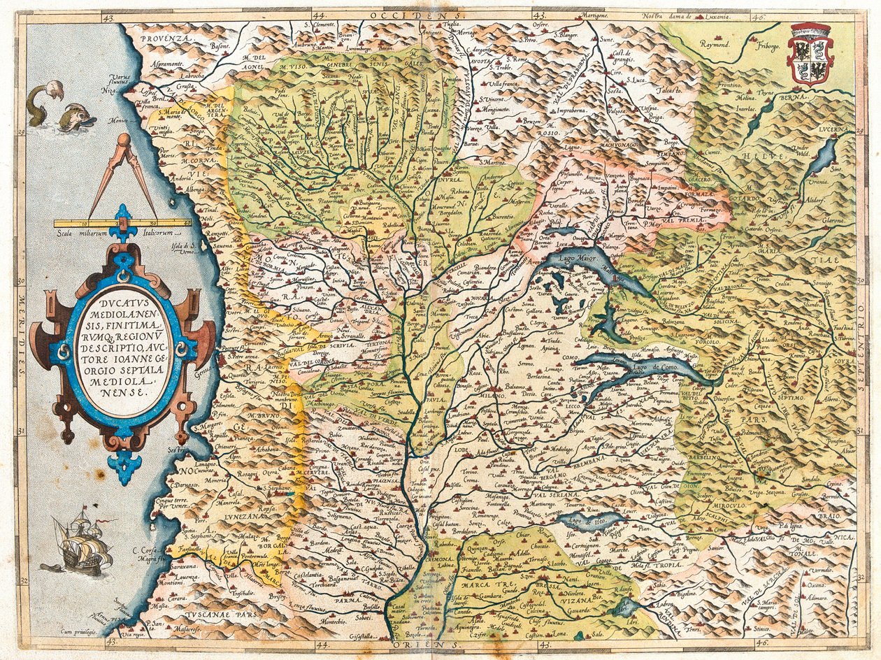 Francja (region: , Franche-Comté, Rodan-Alpy, Prowansja-Alpy-Lazurowe Wybrzeże), południowa Szwajcaria, Włochy (region: Liguria, Piemont, Dolina Aosty, Lombardia, zachodni Trydent-Górna Adyga, zachodnia Emilia-Romania, północno-zachodnia Toskania) autorstwa Abraham Ortelius