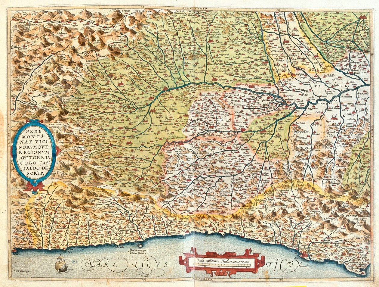 Francja (region: Rodan-Alpy, Prowansja-Alpy-Lazurowe Wybrzeże), Włochy (region: środkowo-zachodnia Liguria, Piemont, zachodnia Lombardia, zachodnia Emilia-Romania) autorstwa Abraham Ortelius
