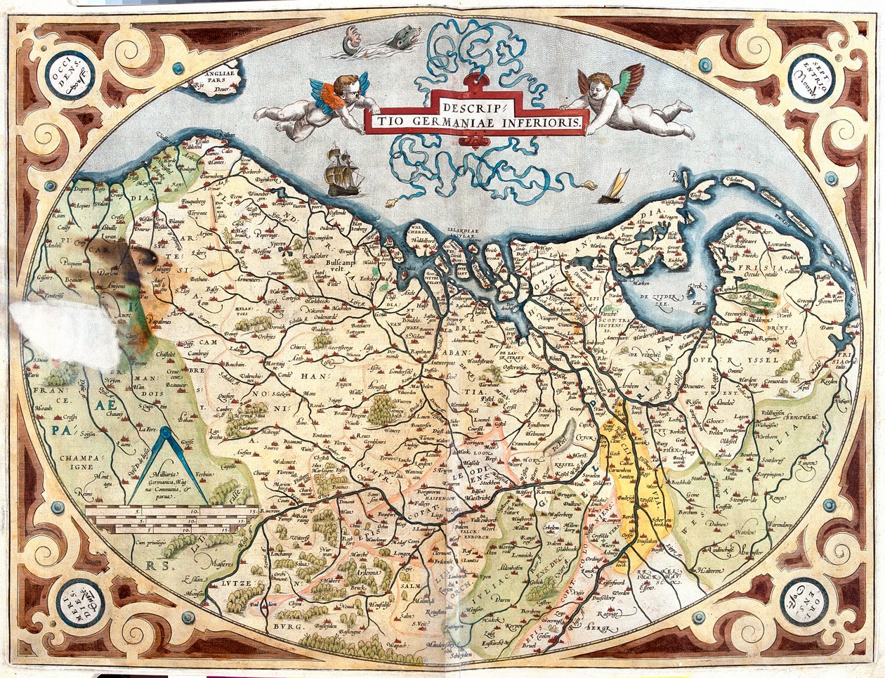 Francja (regiony: Górna Normandia, Pikardia, North-pas de Calais, Ile-de-France, Szampania-Ardeny, Lotaryngia), Belgia, Holandia, Niemcy (kraj związkowy: Dolna Saksonia, Nadrenia Północna-Westfalia, Nadrenia-Palatynat, Saara), Luksemburg autorstwa Abraham Ortelius