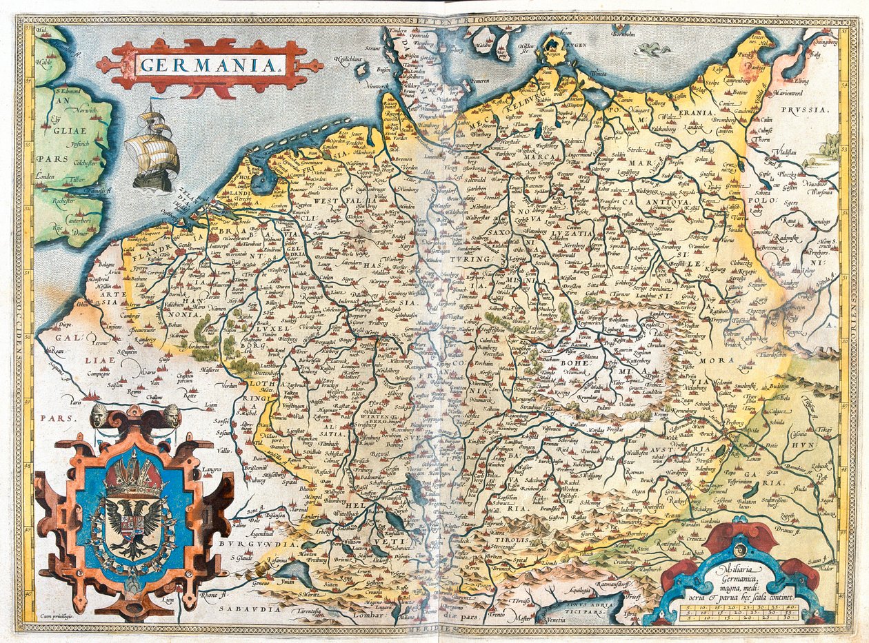 Francja (regiony: Górna Normandia, Pikardia, North-pas de Calais, Ile-de-France, Szampania-Ardeny, Lotaryngia, Alzacja, Burgundia, Franche-Comté, Rodan-Alpy), Belgia, Holandia, Luksemburg, Niemcy, Polska (woj: zachodniopomorskie, pomorskie, lubuskie, gr autorstwa Abraham Ortelius