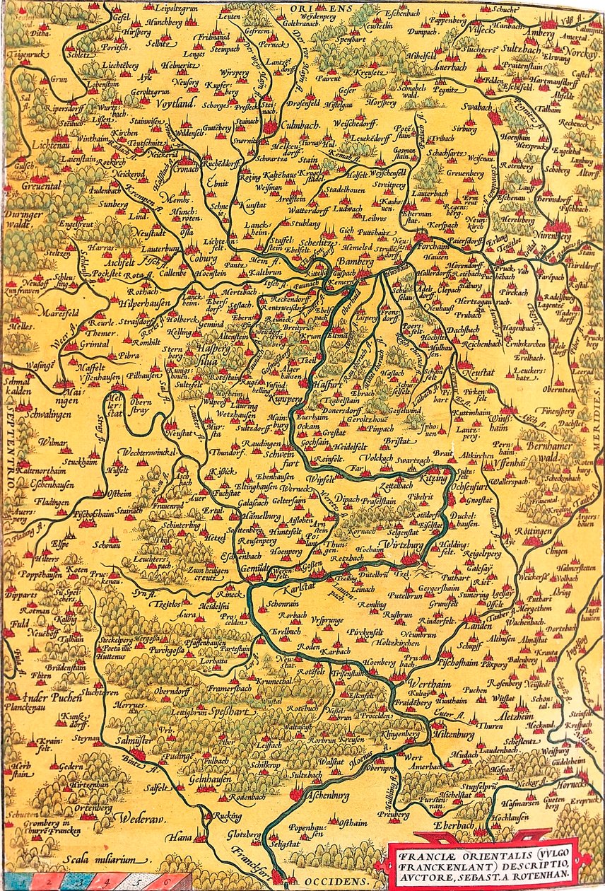 Wschodnia Francja (Common/Franckenlant) Opis, autor, Sebast. A. Rotenhan Mapa geograficzna terytorium Frankonii w Niemczech z miastem Frankfurt (również Karlstadt..) zaczerpnięta z „Theatrum Orbis Terrarum” Abrahama Orteliusa (Oer autorstwa Abraham Ortelius