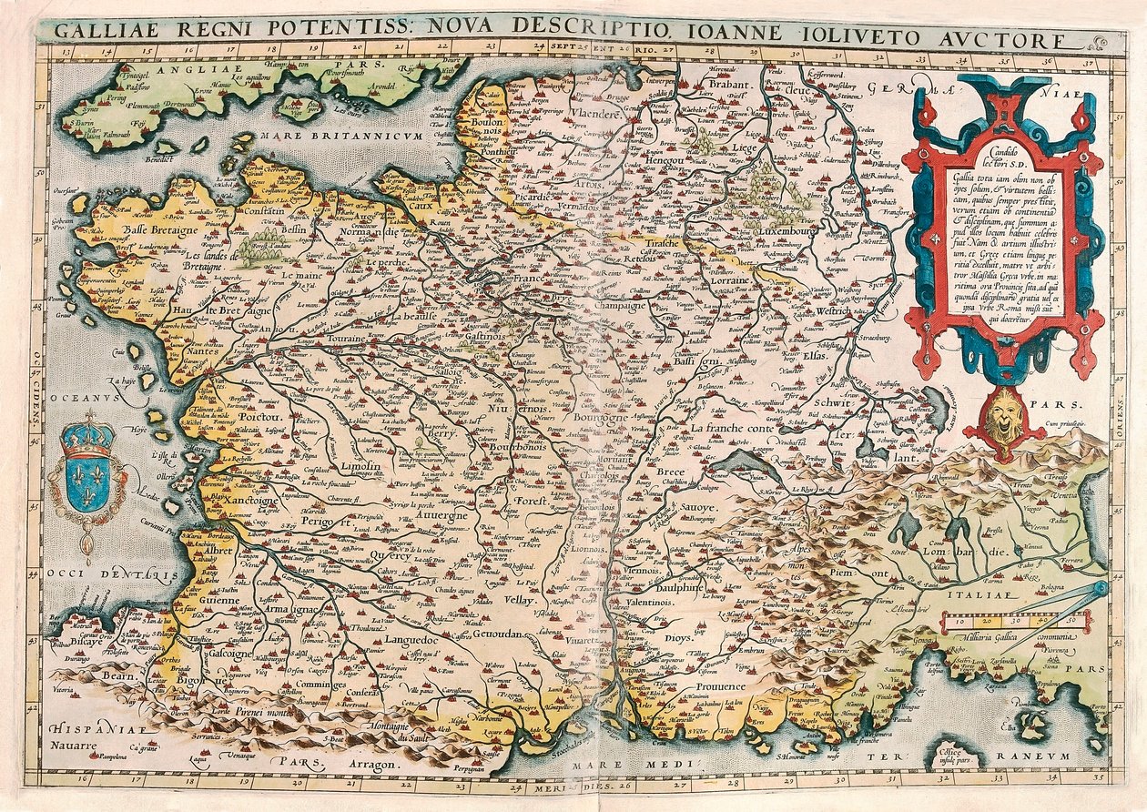 potężne królestwo Galii. nowy opis. Mapa geograficzna terytorium Galii (Francja) z „Theatrum Orbis Terrarum” Abrahama Orteliusa (Oertel, Ortell lub Ortel autorstwa Abraham Ortelius