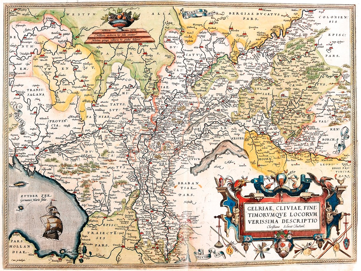 Gelriae, Cliviae, Finitimorum Qe Locos Verissima Descriptio Christiana Schrot Autor: Mapa geograficzna terytorium Holandii niemieckiej z „Theatrum Orbis Terrarum” autorstwa Abrahama Orteliusa (Oertel, Ortell lub Ortel autorstwa Abraham Ortelius