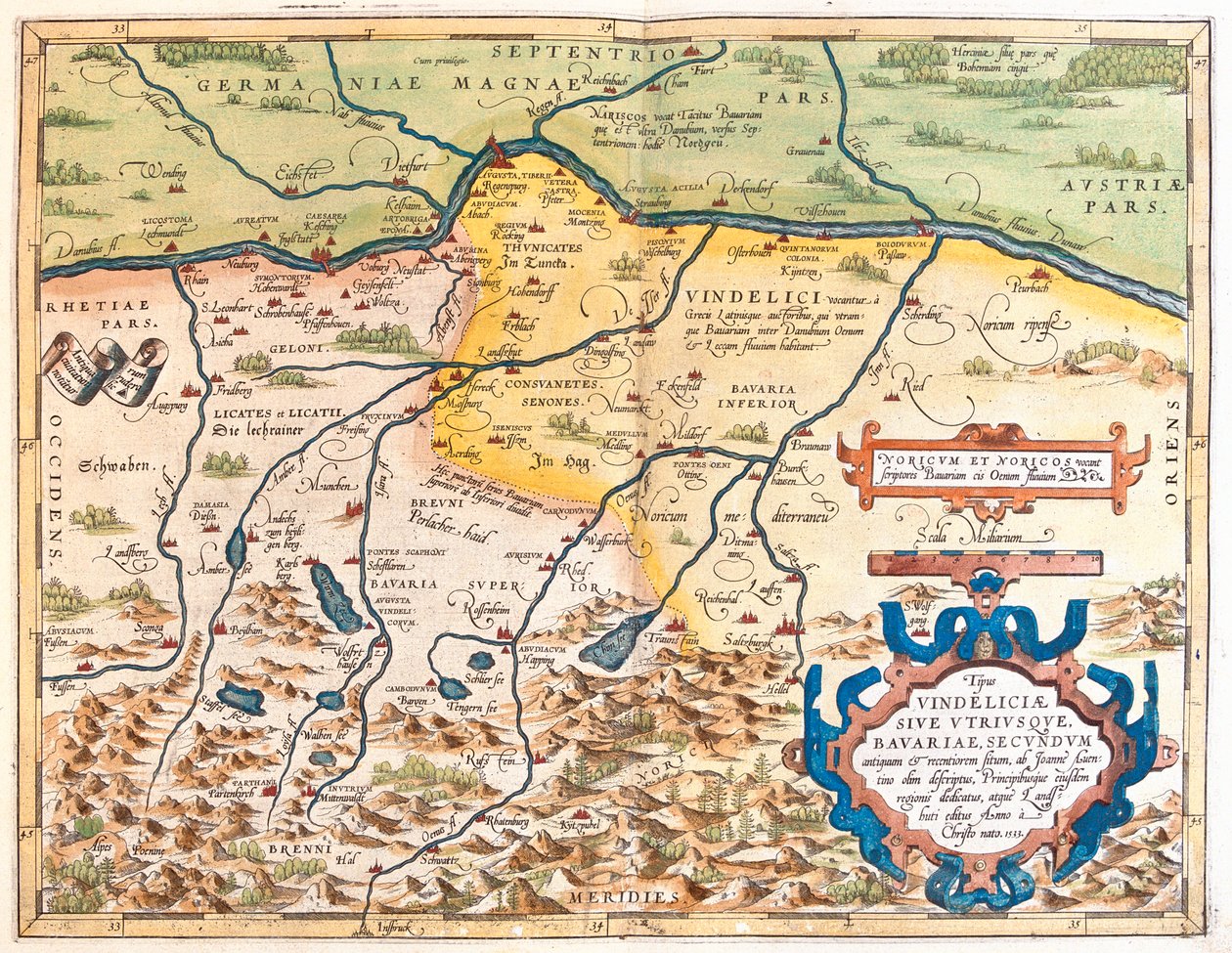Niemcy (kraj związkowy: Bawaria), Austria (kraj związkowy: Tyrol, Górna Austria, Salzburg) autorstwa Abraham Ortelius