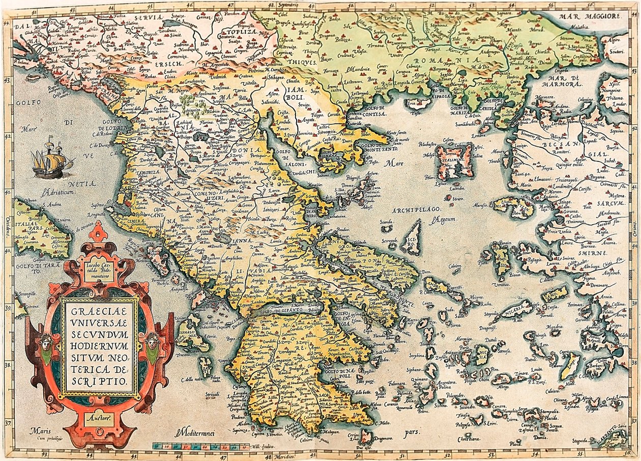 Mapa geograficzna terytorium Grecji z Peloponezem i wyspami zaczerpnięta z „Theatrum Orbis Terrarum” przez Abrahama Orteliusa (Oertel, Ortell lub Ortel autorstwa Abraham Ortelius