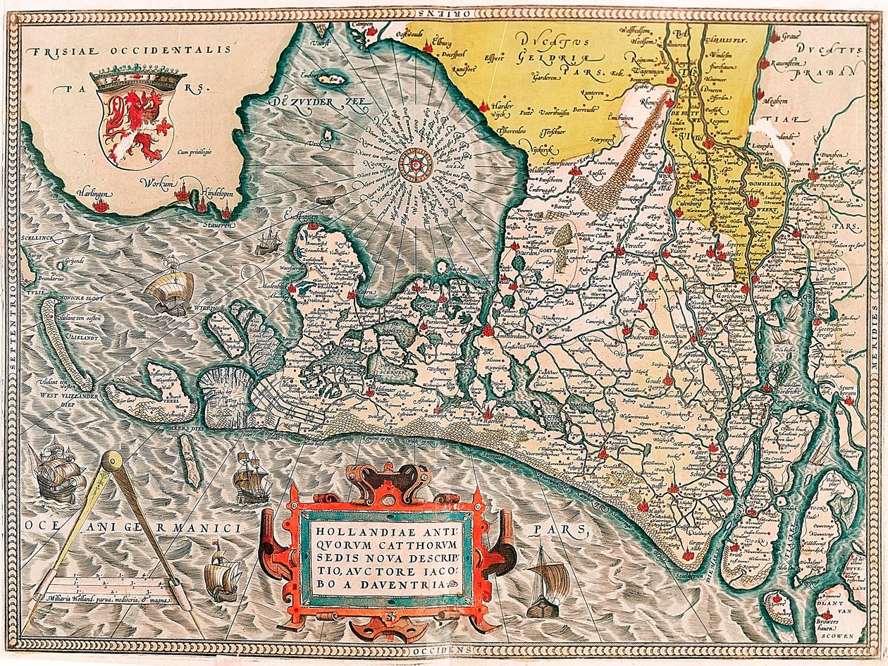 Hollandia antiquorum catthorum sedis nova descriptio, auctore Jacobo a daventria Mapa geograficzna terytorium Holandii z miastami Amsterdam i Haarlem... zaczerpnięta z "Theatrum Orbis Terrarum" Abrahama Orteliusa (Oertel, Ortell lub Orte autorstwa Abraham Ortelius