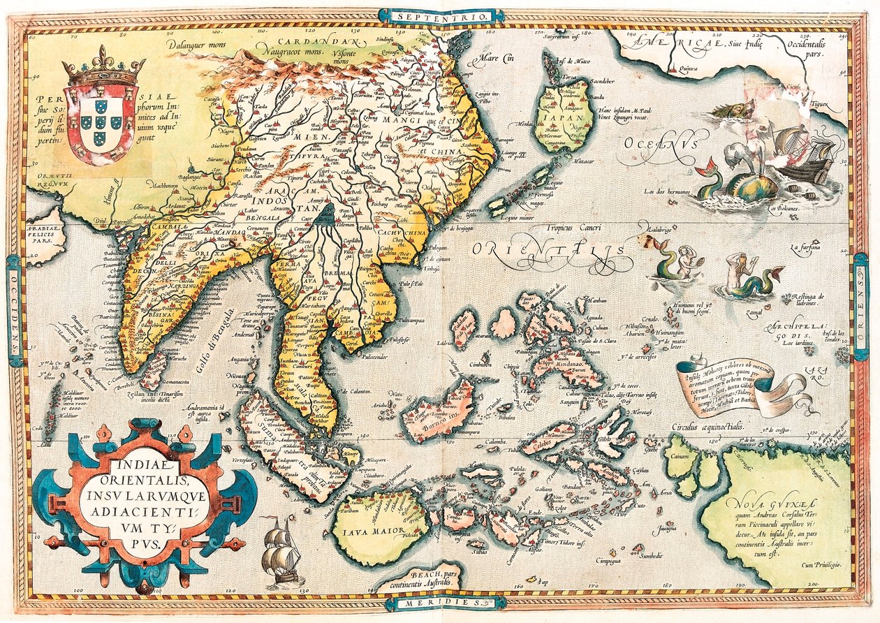 Kompania Wschodnioindyjska. Mapa geograficzna Indii Wschodnich i Azji Południowo-Wschodniej z „Theatrum Orbis Terrarum” autorstwa Abrahama Orteliusa (Oertel, Ortell lub Ortel autorstwa Abraham Ortelius