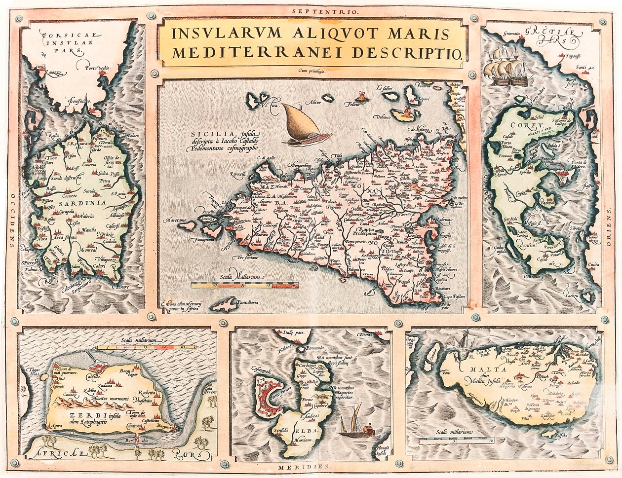 Opis kilku wysp Morza Śródziemnego. Mapa geograficzna śródziemnomorskich wysp Sycylii, Sardynii, Korfu, Malty, Dżerby i Elby (Sycylia, Sardynia, Colfu, Malta Djerba, Elba) z „Theatrum Orbis Terrarum” Abrahama Orteliusa (Oertel, Ortell autorstwa Abraham Ortelius
