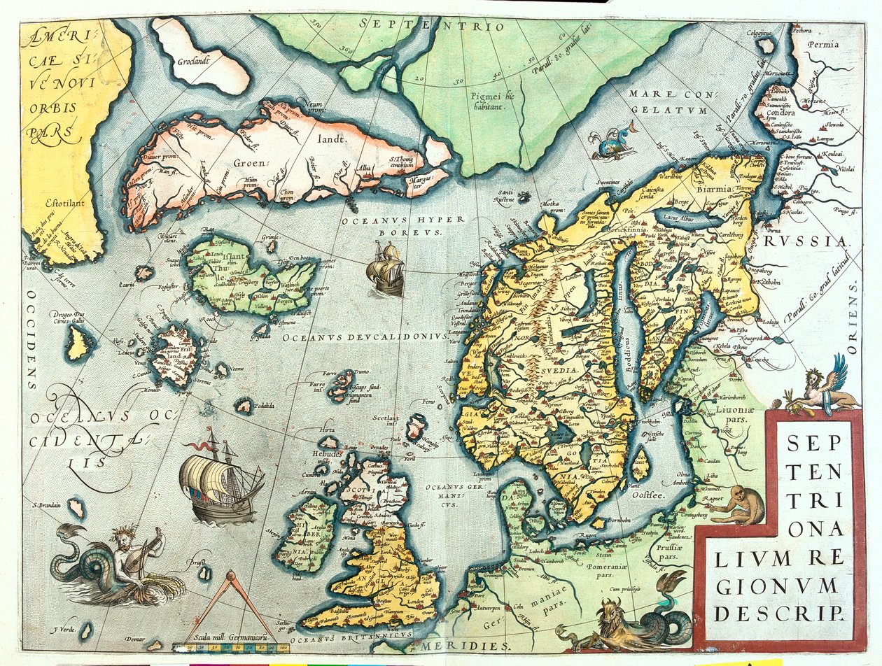 Irlandia, Wielka Brytania, Islandia, Norwegia, Szwecja, Finlandia, Grenlandia autorstwa Abraham Ortelius