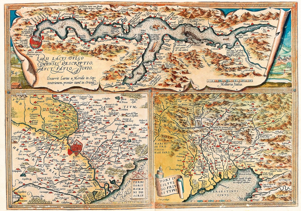 Jezioro Larii było powszechnie nazywane Forum Rzymskim Tercjusza. Mapa geograficzna północnych Włoch z „Theatrum Orbis Terrarum” Abrahama Orteliusa (Oertel, Ortell lub Ortel autorstwa Abraham Ortelius