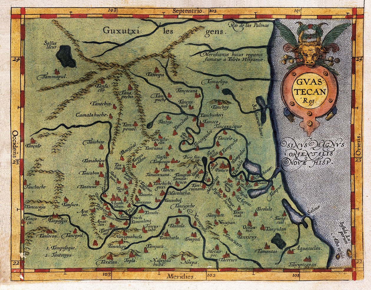 Mapa Zatoki Meksykańskiej (Guastecan), z wyprawy Hernando de Soto w 1570 r. (rycina) autorstwa Abraham Ortelius