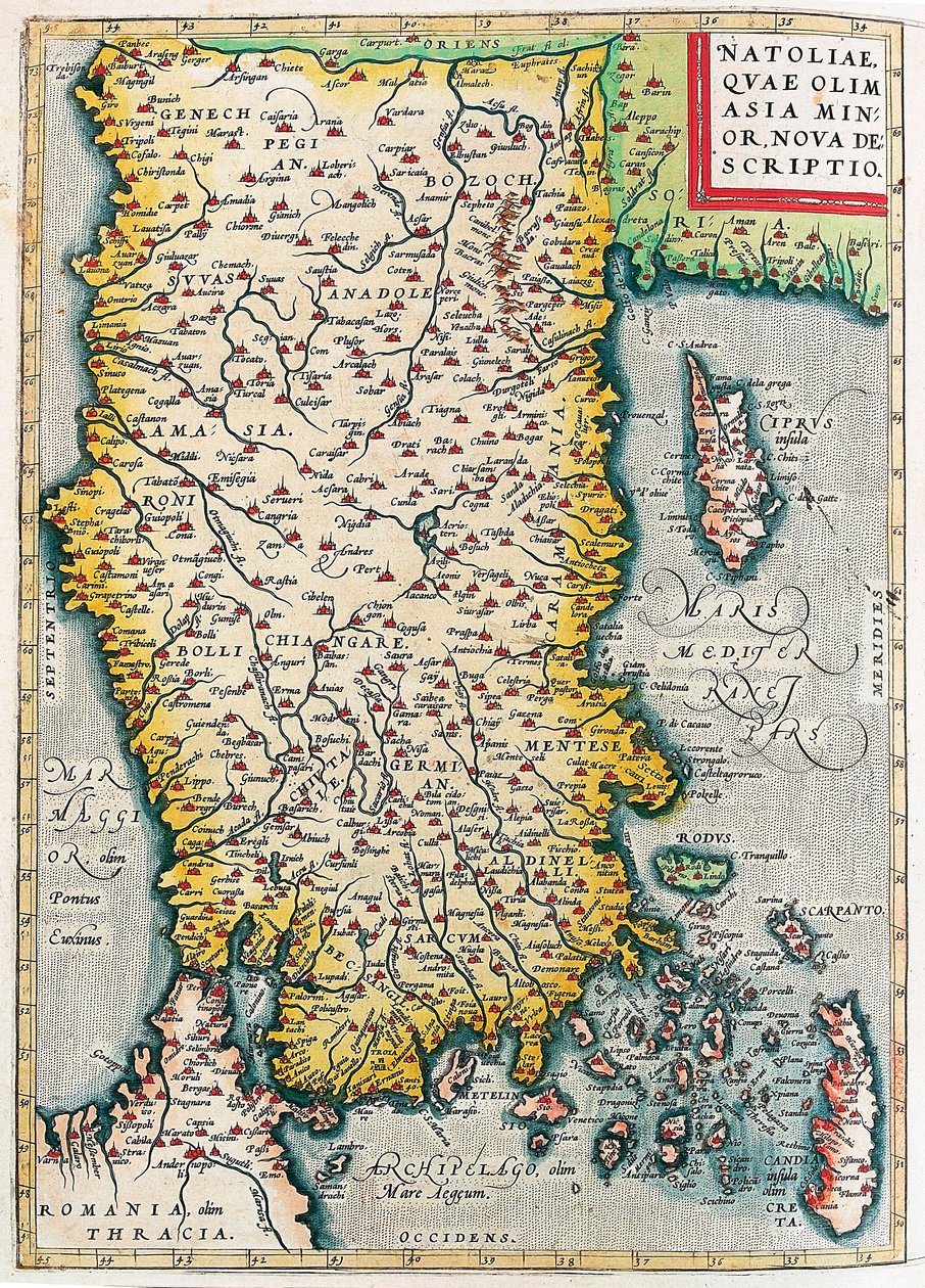 Natolia, Quae Olim Asia Minor Nova Opis Mapa geograficzna obszaru Azji Mniejszej (Stambuł i Turcja z wyspami Rodos i Cypr) z „Theatrum Orbis Terrarum” Abrahama Orteliusa (Oertel, Ortell lub Ortel autorstwa Abraham Ortelius