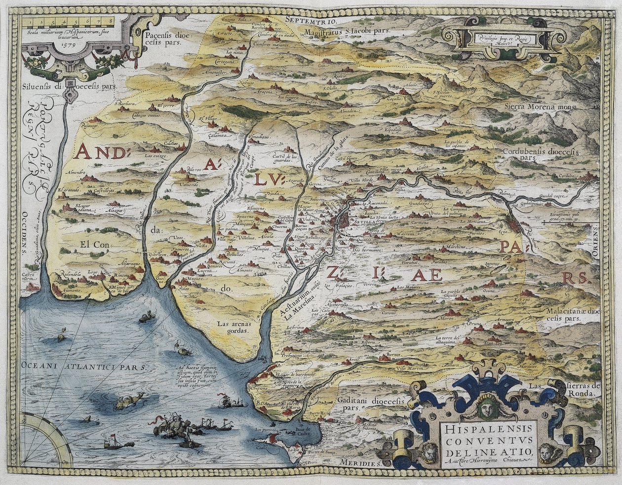 ORTELIUS, Abraham (1527-1598). Theatrum Orbis Terrarum. 1570. Uważany za pierwszy nowoczesny atlas. CHAVES, Jeronimo de (1523-1574). Matematyk, astronom i nawigator. Mapa zachodniej Andaluzji. Oparta na mapie Hieronimusa Chiavesa (Jeronimo d autorstwa Abraham Ortelius