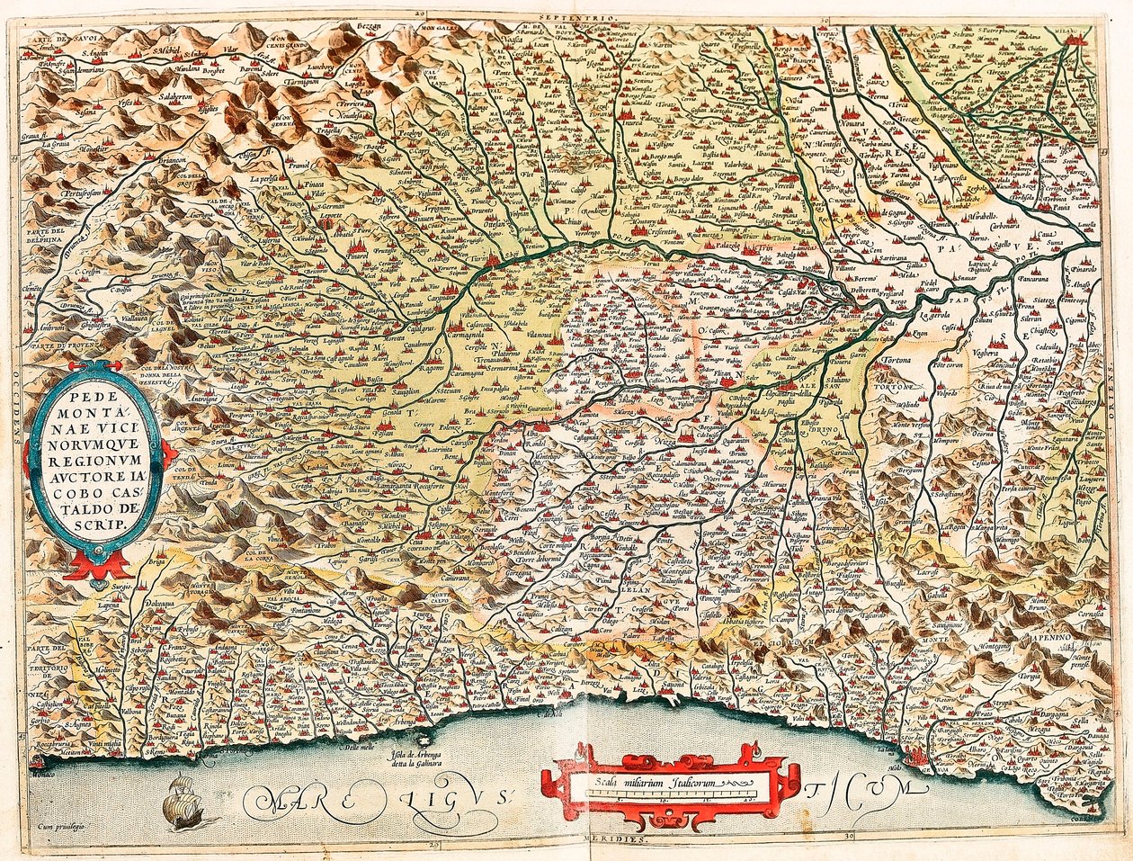 Regiony Piemontu i Vicino Mapa geograficzna terytorium Włoch od Monako we Francji do Genes i przechodząca przez prowincje Imperia de Savona i Genua z „Theatrum Orbis Terrarum” Abrahama Orteliusa ( autorstwa Abraham Ortelius