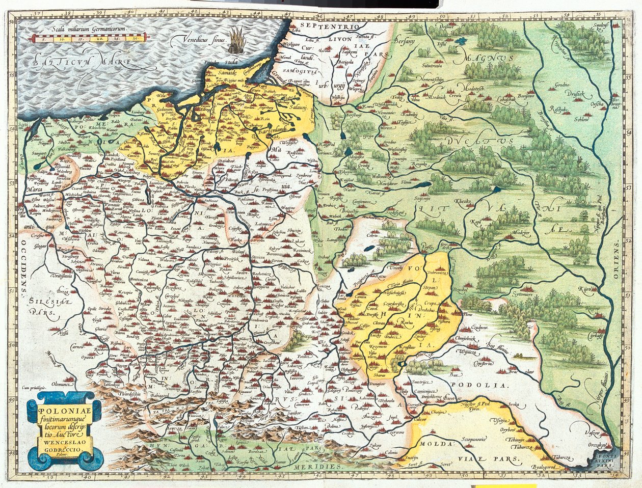 Polska, Litwa (okręgi: Kłajpeda, Taurogi, Kowno, Wilno, Utena, Mariampol, Olita), Białoruś (duża część, z wyjątkiem północnego obwodu witebskiego), południowo-zachodnia Rosja, zachodnia Ukraina, północna Mołdawia, Słowacja (region: Ilina, Preov). autorstwa Abraham Ortelius