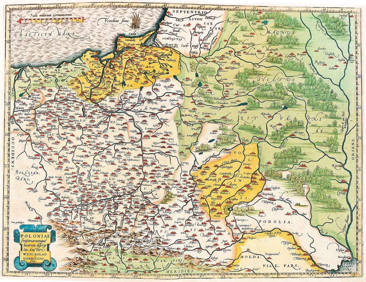 Opis Polski i okolicznych miejscowości. Mapa geograficzna Polski z „Theatrum Orbis Terrarum” Abrahama Orteliusa (Oertel, Ortell lub Ortel autorstwa Abraham Ortelius