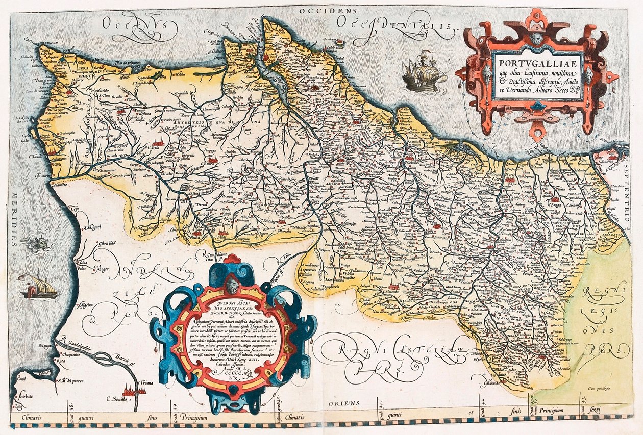 Portugalska mapa geograficzna terytorium Portugalii z „Theatrum Orbis Terrarum” autorstwa Abrahama Orteliusa (Oertel, Ortell lub Ortel autorstwa Abraham Ortelius