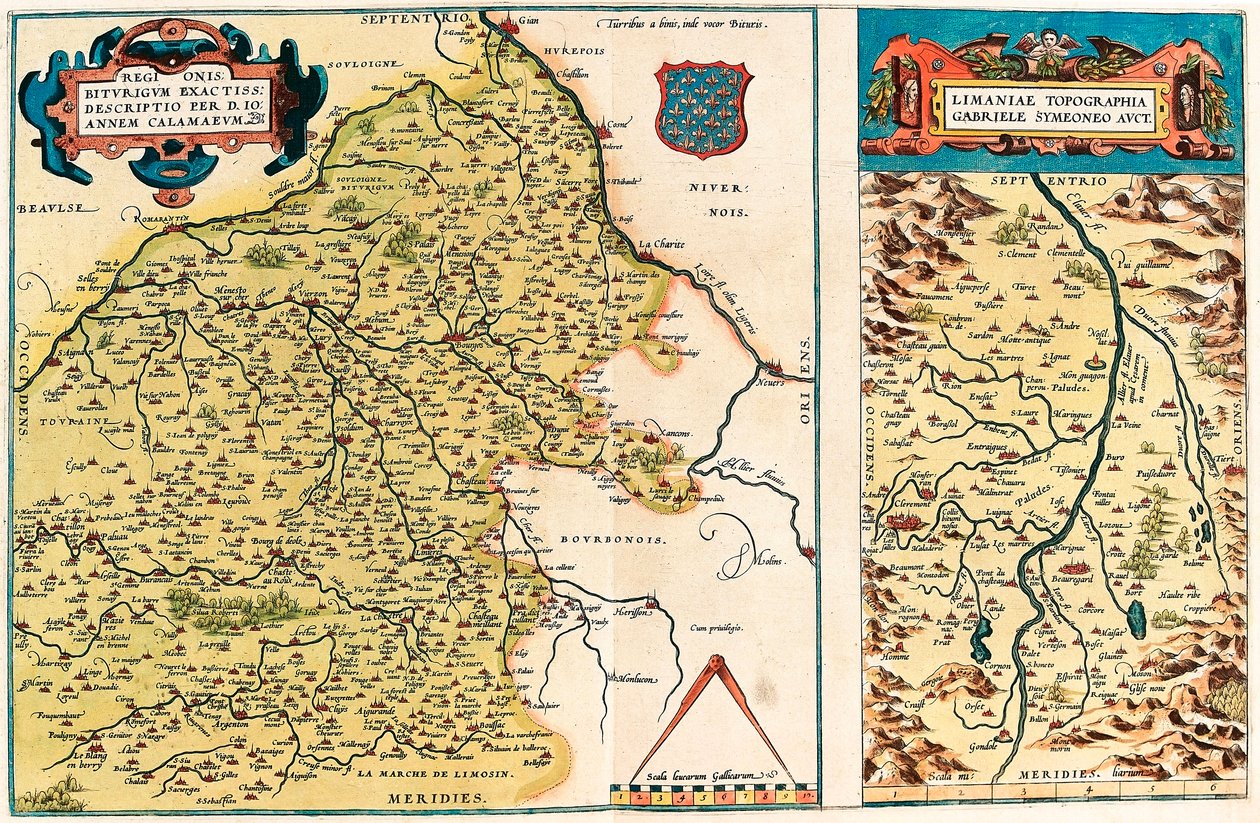 Mapa geograficzna terytorium Bourges i regionu centrum w Galii (Francja) z „Theatrum Orbis Terrarum” Abrahama Orteliusa (Oertel, Ortell lub Ortel autorstwa Abraham Ortelius